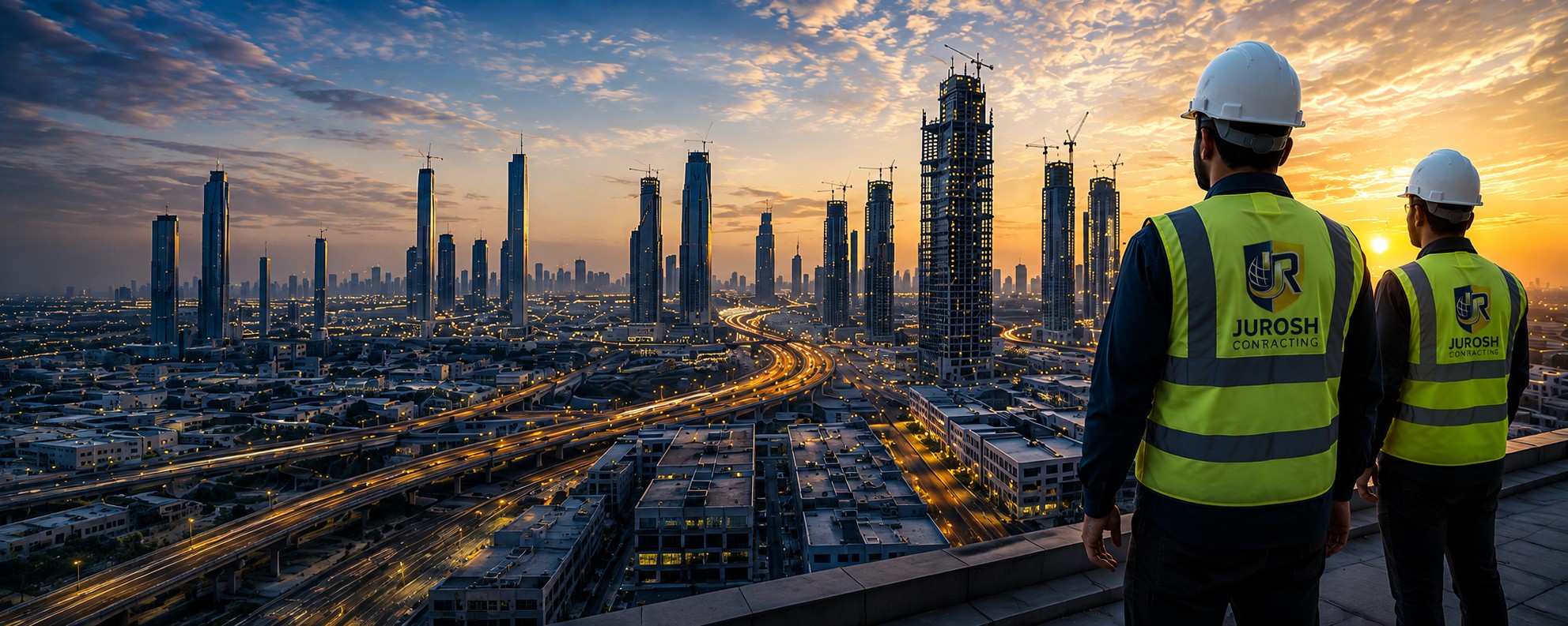 Jurosh Global site engineers overlooking the Dammam skyline at dusk
