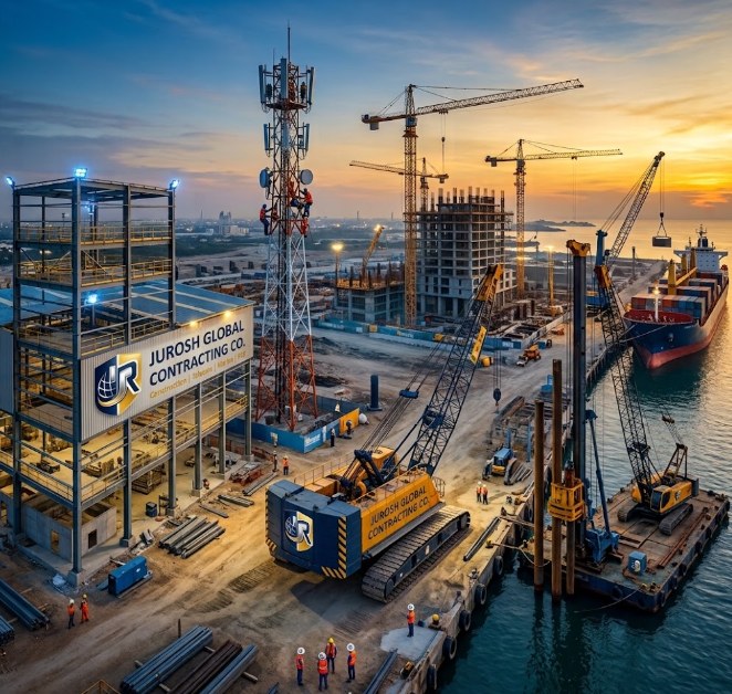 Jurosh Global Contracting Co. project site — steel structure, telecom tower and marine works at dusk