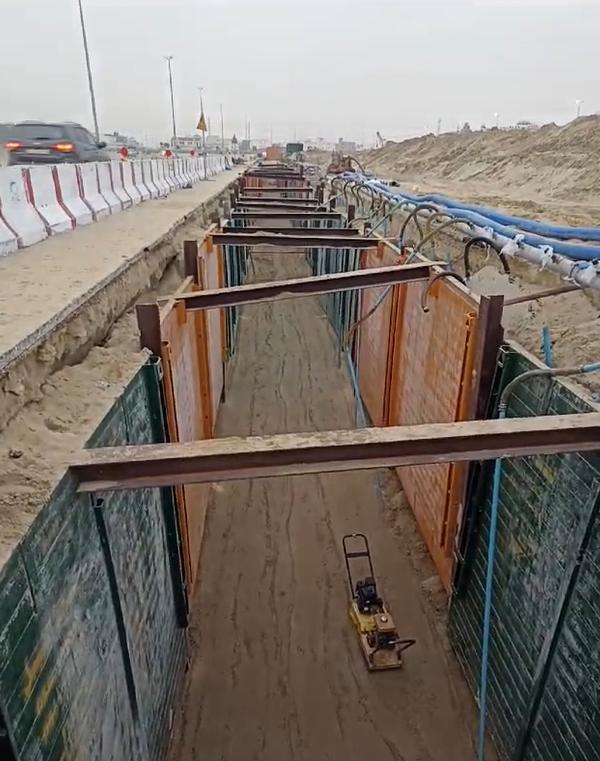 Shored trench ahead of pipe installation