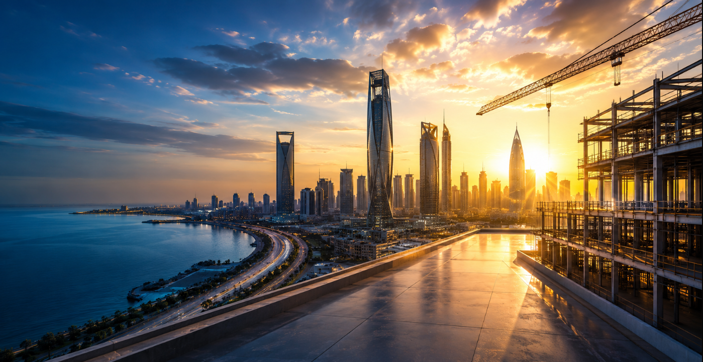 Dammam coastal skyline at sunset with an active construction site in the foreground